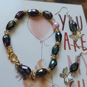 Iridescent Beaded Bracelet with Matching Butterfly Earrings